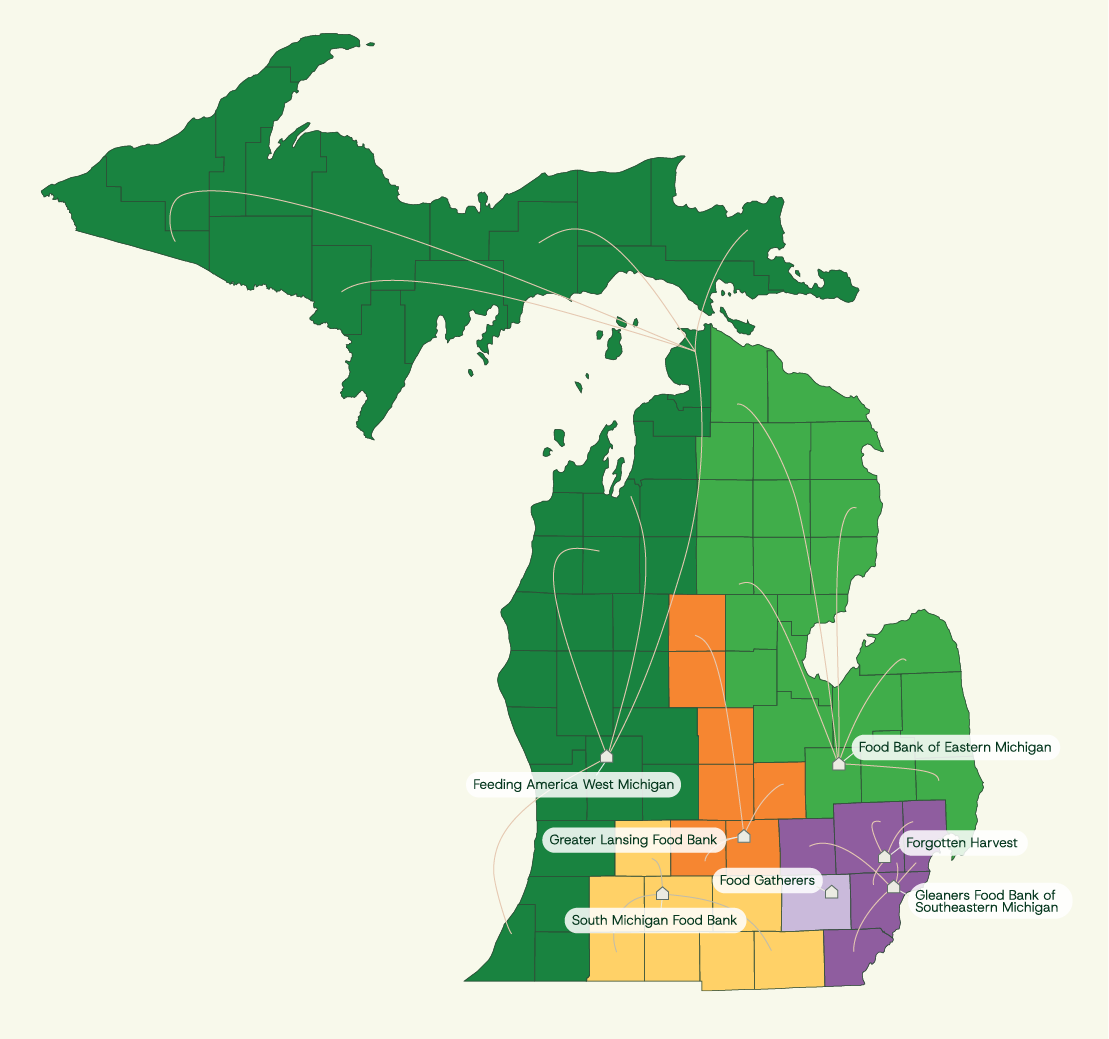 Map of Michigan, with counties grouped by food bank