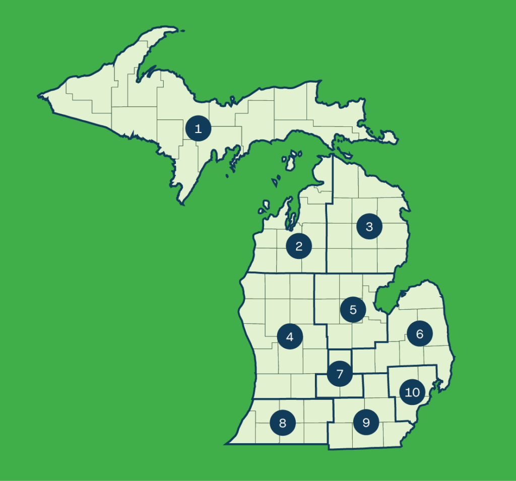 Map of Michigan, with counties grouped by prosperity region